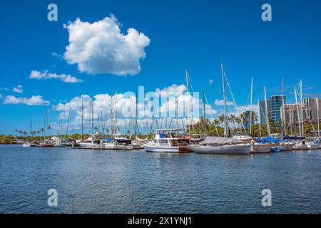 'Sailing Serenity : à Kewalo Basin Marina à Honolulu, Hawaï, les nuages blancs ornent la toile de fond d'un ciel bleu tranquille, tandis que les voiliers de plaisance doucement Banque D'Images