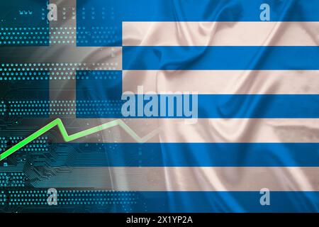 Drapeau national de la Grèce sur soie avec des plis, PCB de circuit imprimé électronique vert, flèche de croissance, concept de technologie moderne, affaires, économie, Banque D'Images