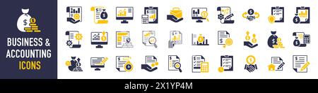 Jeu d'icônes d'entreprise et de comptabilité. Contenant état financier, comptable, audit financier, facture, calculateur de taxes, entreprise commerciale, déclaration fiscale, Illustration de Vecteur