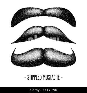 Moustache vintage pointillée. Cheveux bouclés du visage. Barbe hipster. Pointillés, dessin de points et ombrage, motif pointillé, effet demi-ton. Illustration vectorielle Illustration de Vecteur