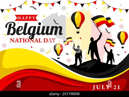 Joyeuse illustration vectorielle du jour de l'indépendance de la Belgique le 21 juillet avec drapeau ondulant et ruban dans la conception de fond de dessin animé plat des fêtes nationales Illustration de Vecteur