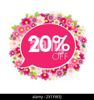 Étiquette florale publicitaire créative. Jusqu'à 20 % de réduction sur le coupon. Bannière de vente saisonnière. Icône Web offre spéciale. Bouton rose. Modèle de carte-cadeau Illustration de Vecteur