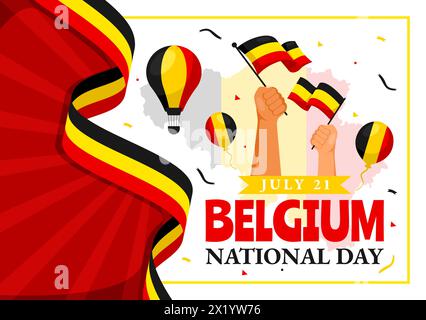 Joyeuse illustration vectorielle du jour de l'indépendance de la Belgique le 21 juillet avec drapeau ondulant et ruban dans la conception de fond de dessin animé plat des fêtes nationales Illustration de Vecteur