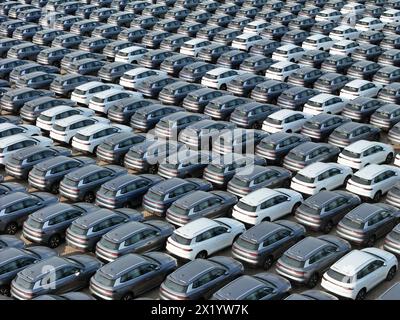 YANTAI, CHINE - 18 AVRIL 2024 - Un grand nombre de voitures électriques BYD attendent d'être expédiées pour l'exportation dans la zone portuaire de Penglai du port de Yantai dans le Shandong pro Banque D'Images