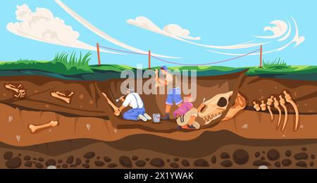 L'archéologue creuse des fossiles. Travaux archéologiques, archéologue scientifique creusant fossile dans le sol, paléontologie fouille étude de l'histoire artefacts découvrir, illustration vectorielle récente de fouilles Illustration de Vecteur