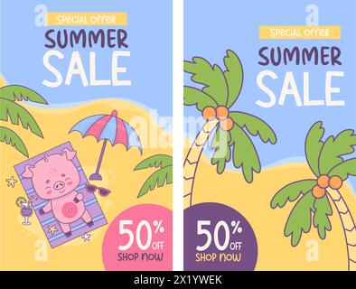 Affiches de réduction des soldes d'été. Joyeux cochon bronzant se reposant sous parasol et palmier. Vacances de plage de caractère animal drôle. Boutique de cadeaux verticale isolée Illustration de Vecteur