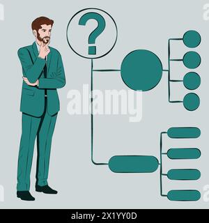 Un homme utilise un diagramme d'arbre de décision pour identifier un problème ou une opportunité dans le processus de prise de décision. Concept commercial. Illustration vectorielle de contour. Illustration de Vecteur