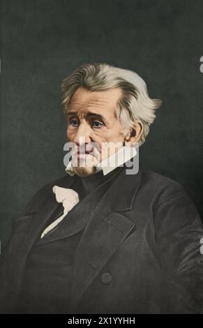 Mezzotint d'après un daguerréotype de l'ancien président américain, Andrew Jackson, portrait en demi-longueur, assis, tourné vers la gauche. 5 avril 1845. Par Mathew Brady. Banque D'Images