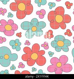 Fond de modèle sans couture enfantin groovy des années 60. Fleurs à carreaux de style hippie de dessin animé, marguerites simples dessinées à la main. Illustration de Vecteur