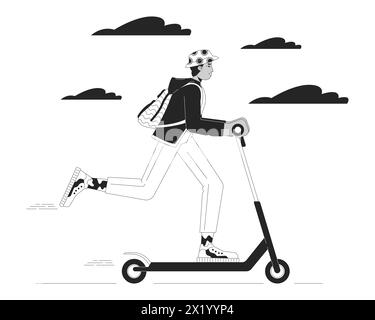 Indien jeune homme adulte chevauchant scooter électrique noir et blanc illustration plate de bande dessinée Illustration de Vecteur