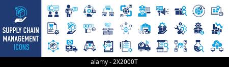 Ensemble d'icônes liées à la gestion de la chaîne d'approvisionnement, chaîne de valeur, logistique, livraison, fabrication, commerce. collection d'icônes. Illustration vectorielle. Illustration de Vecteur