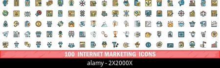 100 icônes de marketing internet définies. Ensemble de ligne de couleur d'icônes de vecteur de marketing Internet couleur de ligne mince plat sur blanc Illustration de Vecteur