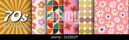 Collection inspirée des années 1970 : motifs rétro sans couture pour la mode et les textiles, avec des graphiques Vintage Boogie-Era et des motifs floraux contemporains Illustration de Vecteur