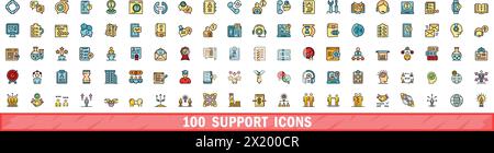 100 icônes de support définies. Ensemble de lignes de couleur des icônes vectorielles de support couleur de ligne mince plat sur blanc Illustration de Vecteur