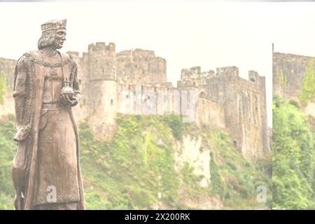 Statue du roi Henri VII devant le château de Pembroke, Pembroke, pays de Galles, Grande-Bretagne, Europe Banque D'Images