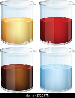 Quatre béchers remplis de liquides de couleurs différentes Illustration de Vecteur
