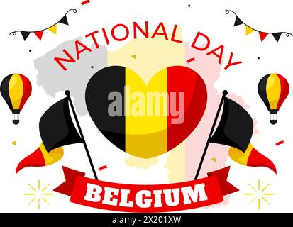 Joyeuse illustration vectorielle du jour de l'indépendance de la Belgique le 21 juillet avec drapeau ondulant et ruban dans la conception de fond de dessin animé plat des fêtes nationales Illustration de Vecteur