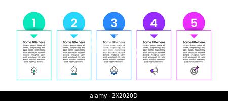 Modèle d'infographie avec icônes et 5 options ou étapes. Bannières rectangulaires. Peut être utilisé pour la mise en page de flux de travail, diagramme, webdesign. Illustration vectorielle Illustration de Vecteur