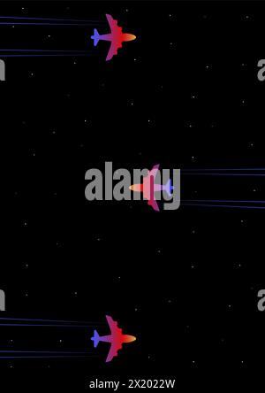 Avion vole dans l'illustration de gradient de ciel étoilé. Avions colorés dégradés dans la nuit. Modèle d'arrière-plan minimaliste. Moderne Enfantin Illustration de Vecteur