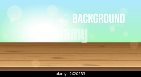 Bokeh de table en bois. Fond de flou de terrasse en bois réaliste affichage de fenêtre de nature de ressort, base de comptoir de table vide présentation de produit maquette vectorielle 3d de fond de bois de table Illustration de Vecteur