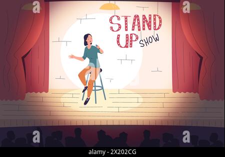 Comédien Standup. Debout personne sur tabouret parlant monologue à la scène stand-up comédie humoristique spectacle, riant gens performance théâtre scène fond de classe illustration vectorielle de micro comédien Illustration de Vecteur