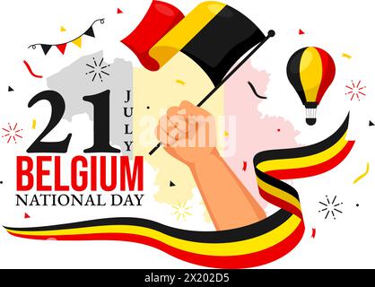 Joyeuse illustration vectorielle du jour de l'indépendance de la Belgique le 21 juillet avec drapeau ondulant et ruban dans la conception de fond de dessin animé plat des fêtes nationales Illustration de Vecteur