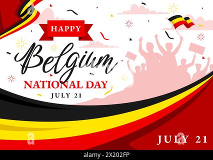 Joyeuse illustration vectorielle du jour de l'indépendance de la Belgique le 21 juillet avec drapeau ondulant et ruban dans la conception de fond de dessin animé plat des fêtes nationales Illustration de Vecteur