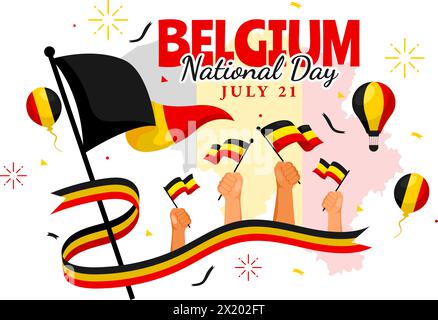 Joyeuse illustration vectorielle du jour de l'indépendance de la Belgique le 21 juillet avec drapeau ondulant et ruban dans la conception de fond de dessin animé plat des fêtes nationales Illustration de Vecteur