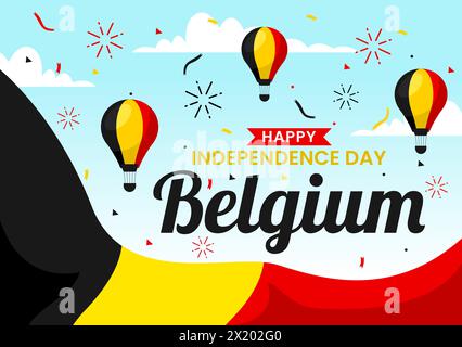 Joyeuse illustration vectorielle du jour de l'indépendance de la Belgique le 21 juillet avec drapeau ondulant et ruban dans la conception de fond de dessin animé plat des fêtes nationales Illustration de Vecteur