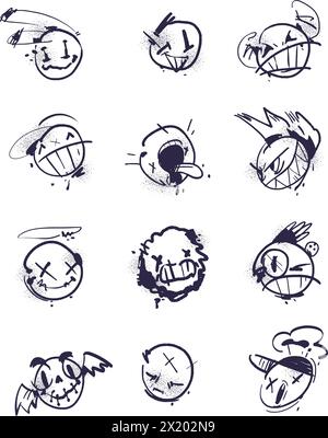 Vaporiser les visages de graffiti. Pulvérisation d'émoticône Angry Happy face, grunge peinture emoji icônes Street art subculture graffiti cercle sourire caractère brosse éclaboussure, illustration vectorielle de graffiti émoticône grunge Illustration de Vecteur
