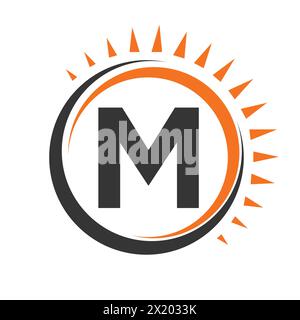 Logo solaire sur lettre M concept avec icône Soleil. Symbole du système solaire Illustration de Vecteur