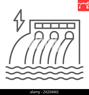 Icône de ligne d'énergie hydroélectrique, écologie et hydroélectricité, icône de vecteur de station hydroélectrique, graphiques vectoriels, signe de contour de trait éditable, eps 10. Illustration de Vecteur