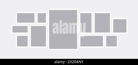 Modèle de tableau d'humeur ou de grille photo. Arrangement de collage d'art en mosaïque grise. Composition horizontale d'un cadre photo. Concept de conception de disposition de galerie murale pour la présentation, affiche, maquette, bannière, flyer. Vecteur Illustration de Vecteur