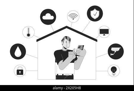 Smart home phone homme noir et blanc concept d'illustration 2D. Illustration de Vecteur