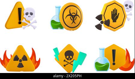 Panneaux de danger 3D. Danger biologique et radiation, symboles d'avertissement avec crâne, danger toxique, nucléaire, inflammable et chimique. Vecteur d'alerte de sécurité défini o Illustration de Vecteur