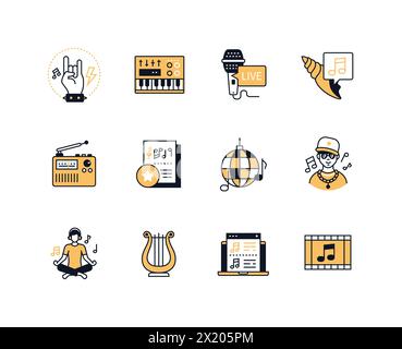 Styles musicaux et son - icônes de style de conception de ligne définies Illustration de Vecteur