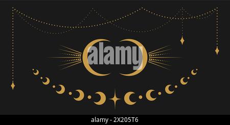 Bordure dorée céleste vectorielle avec étoiles, phases de lune, croissants et points. Collection de clipart isolé magique brillant orné pour mystique Illustration de Vecteur