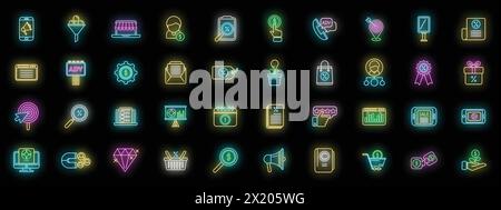 Vecteur de contour de définition d'icônes de marketing mix. Consommateur du marché. Demande mix couleur néon sur noir Illustration de Vecteur