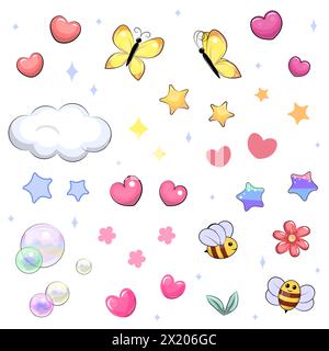 Ensemble mignon de dessin animé de coeurs, étoiles, abeilles, papillons, bulles, fleur et nuage. Illustration vectorielle d'objets sur fond blanc. Illustration de Vecteur