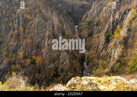 Vue depuis la Rosstrappe de la rivière Bode et le Bodetal dans le Harz près de Thale, Saxe-Anhalt, Allemagne Banque D'Images