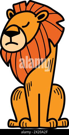 Un lion de dessin animé est assis sur ses hanches, la tête baissée. Le lion est orange et a une expression triste Illustration de Vecteur