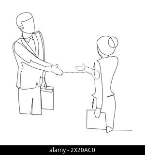 Homme d'affaires et femme d'affaires serrant la main. Communication efficace dans le concept d'entreprise. Illustration vectorielle de dessin de ligne continue simple Illustration de Vecteur