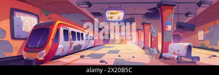 Plate-forme de station de métro abandonnée avec train et équipement cassés. Illustration vectorielle de dessin animé de vieux terminal de tunnel souterrain sale endommagé avec chemin de fer rouillé et bancs, panneaux d'affichage fissurés Illustration de Vecteur