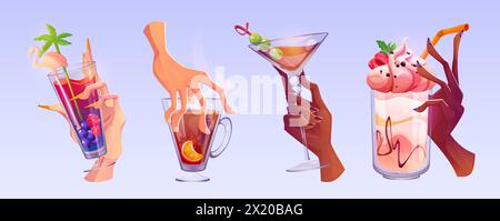 Mains avec verres à cocktail mis isolé sur fond. Illustration vectorielle de dessins animés de doigts masculins et féminins tenant des tasses en verre avec des boissons alcoolisées, du jus de fruit, du thé chaud épicé, des boissons froides Illustration de Vecteur