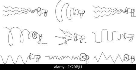 Son mégaphone continu d'une ligne. Haut-parleur avec ondes audio, annonces fortes et illustration vectorielle de prise de parole en public avec trait modifiable Illustration de Vecteur