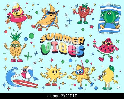 Animations estivales de dessins animés. Mascotte de crème glacée, marketing de partie de personnages de fruits de vacances ou illustration vectorielle de conception ensemble de pastèque et de cocktails, étoile Illustration de Vecteur
