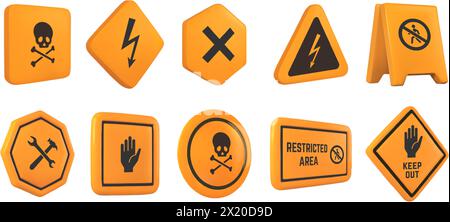 Attention signes 3D. Symboles d'avertissement de danger, de sécurité et de mise en garde. Haute tension, ne pas entrer et zone interdite illustration vectorielle ensemble de mise en garde Illustration de Vecteur