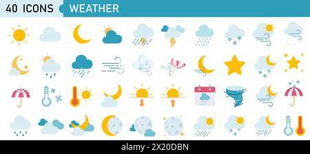 Ensemble de 40 icônes Web météo dans le style de ligne. Météo , nuages, jour ensoleillé, lune, flocons de neige, vent, jour de soleil. Illustration vectorielle. Illustration de Vecteur