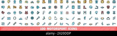 jeu de 100 icônes de sport automobile. Ensemble de lignes de couleur d'icônes vectorielles de sport automobile couleur de ligne mince plat sur blanc Illustration de Vecteur