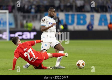 Marseille, France. 18 avril 2024. © PHOTOPQR/LA PROVENCE/SPEICH Frederic ; Marseille ; 18/04/2024 ; Football : UEFA Europa League C3 quart de finale retour match Olympique de Marseille OM - SL Benfica au stade Vélodrome KONDOGBIA crédit : MAXPPP/Alamy Live News Banque D'Images